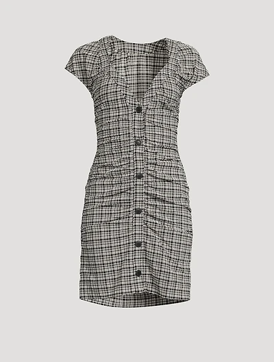 Ruched Seersucker Mini Dress Plaid Print
