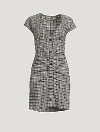Ruched Seersucker Mini Dress Plaid Print