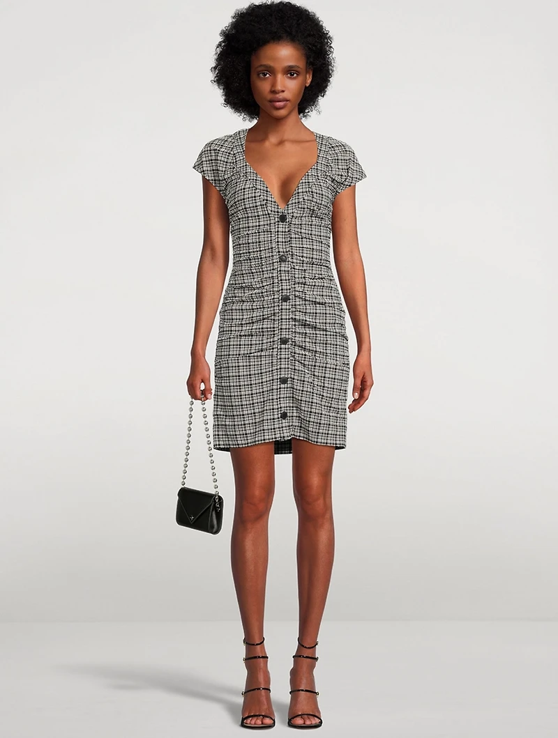 Ruched Seersucker Mini Dress Plaid Print