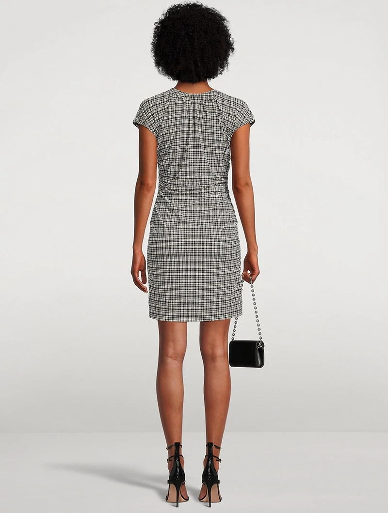 Ruched Seersucker Mini Dress Plaid Print