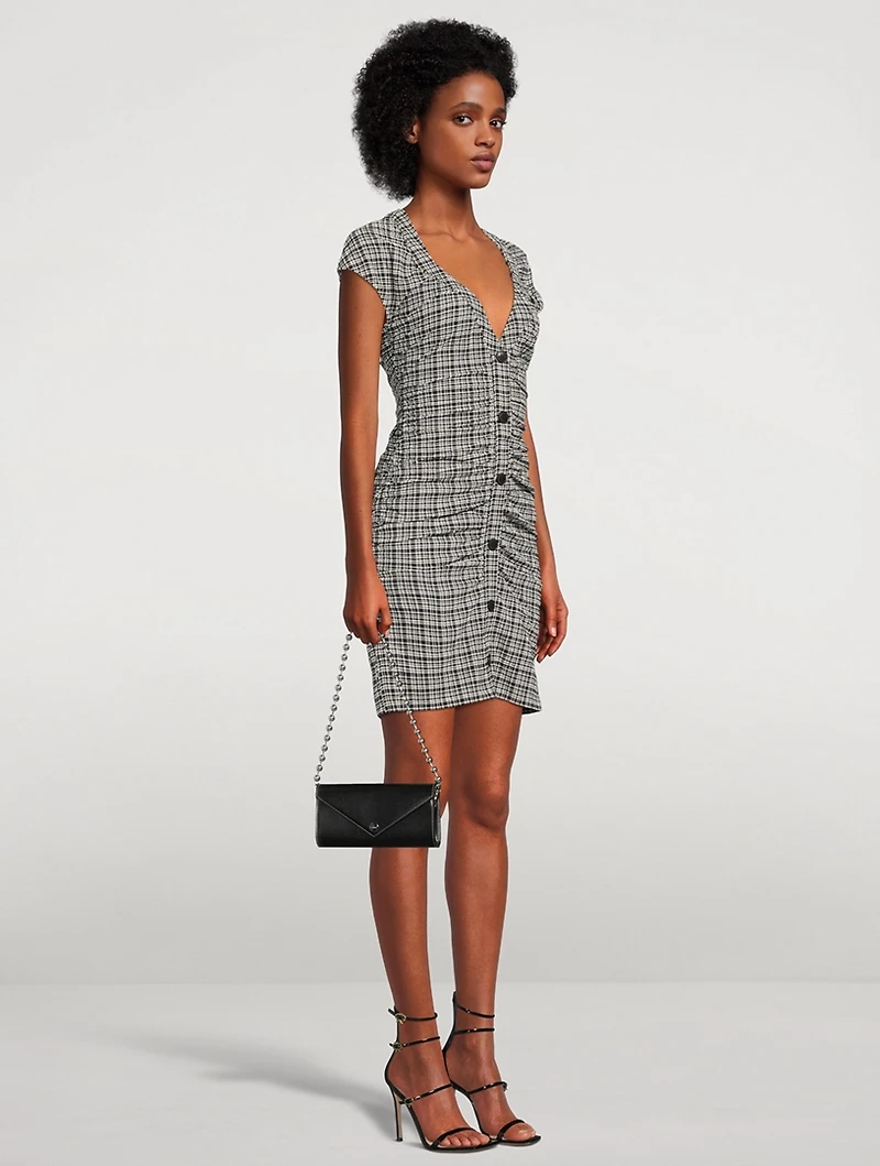 Ruched Seersucker Mini Dress Plaid Print