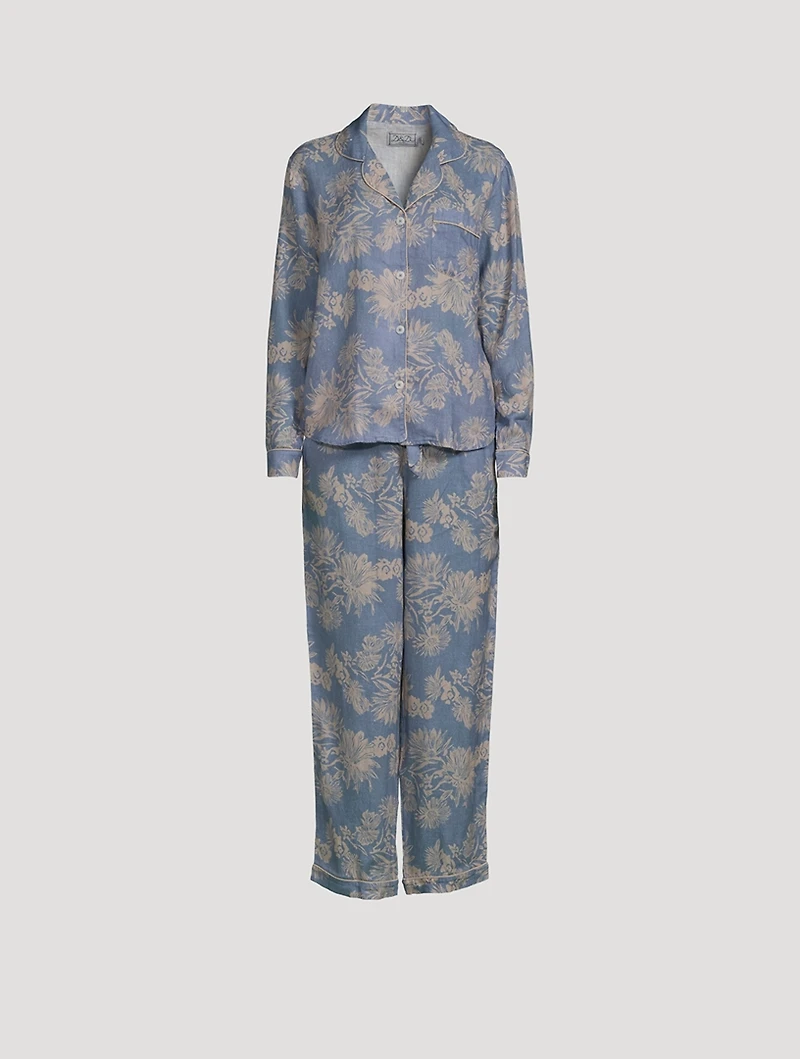 Long Linen Pajama Set Cactus Flower Print