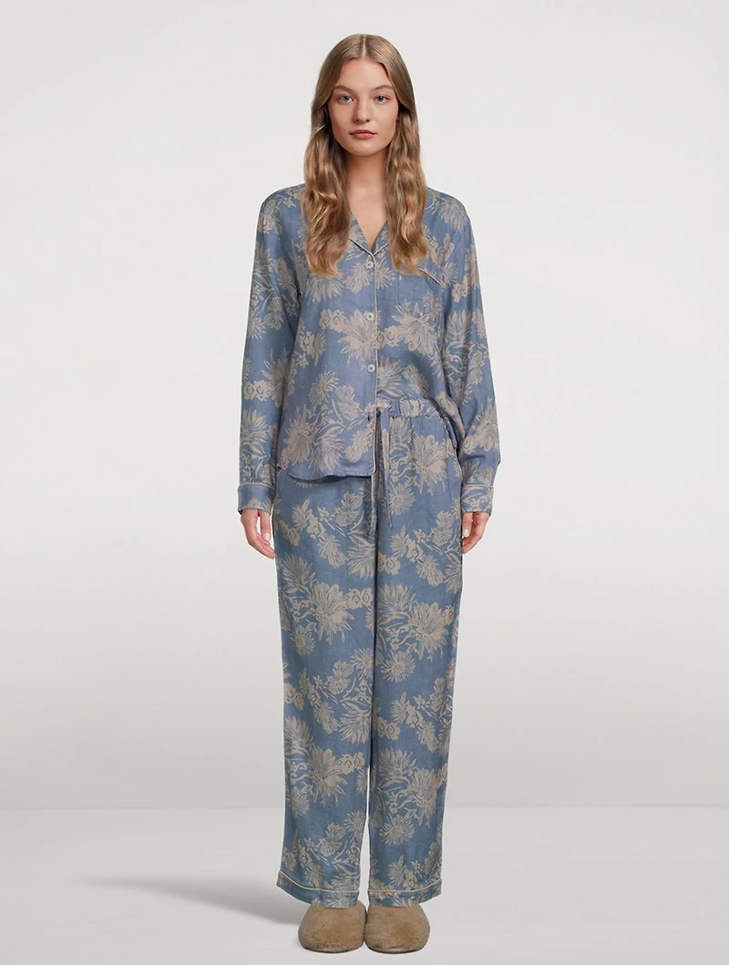 Long Linen Pajama Set Cactus Flower Print
