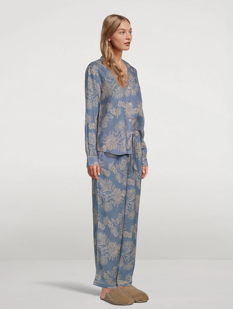 Long Linen Pajama Set Cactus Flower Print
