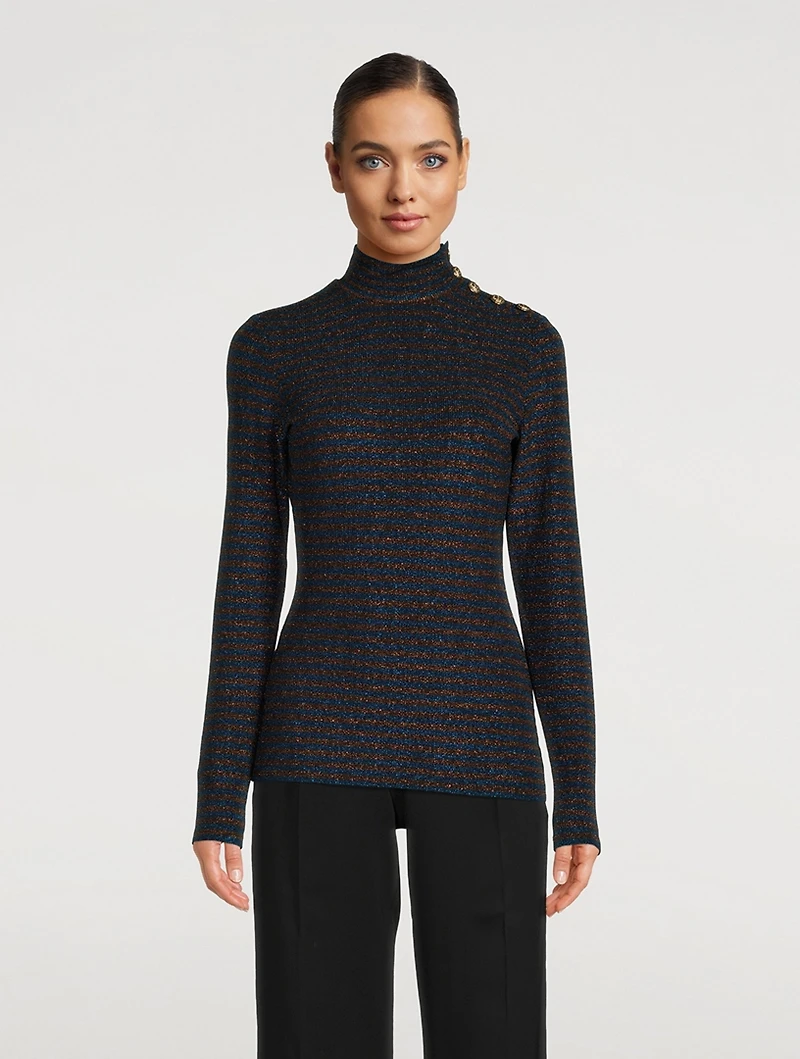 Buttoned Turtleneck Stripe Print