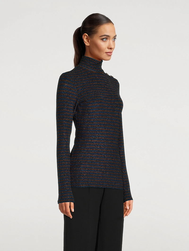 Buttoned Turtleneck Stripe Print