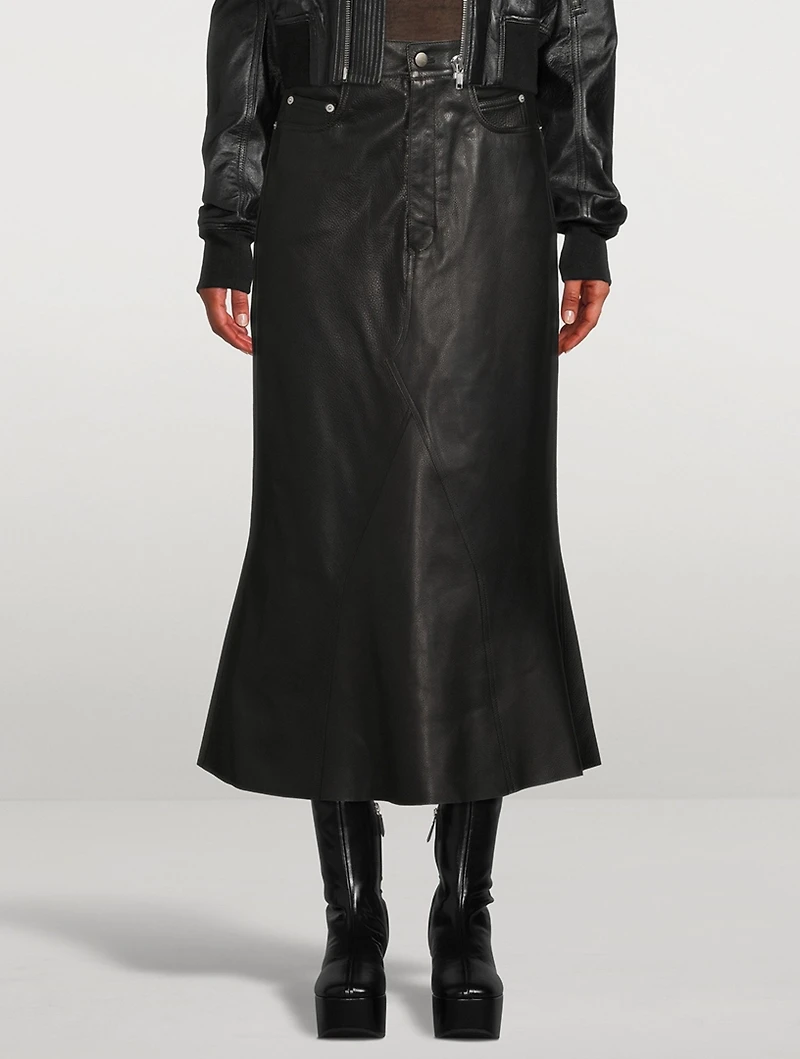 Godet Leather Midi Skirt