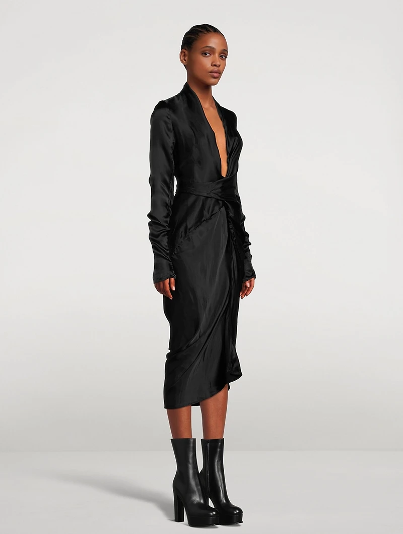 Long-Sleeve Wrap Midi Dress