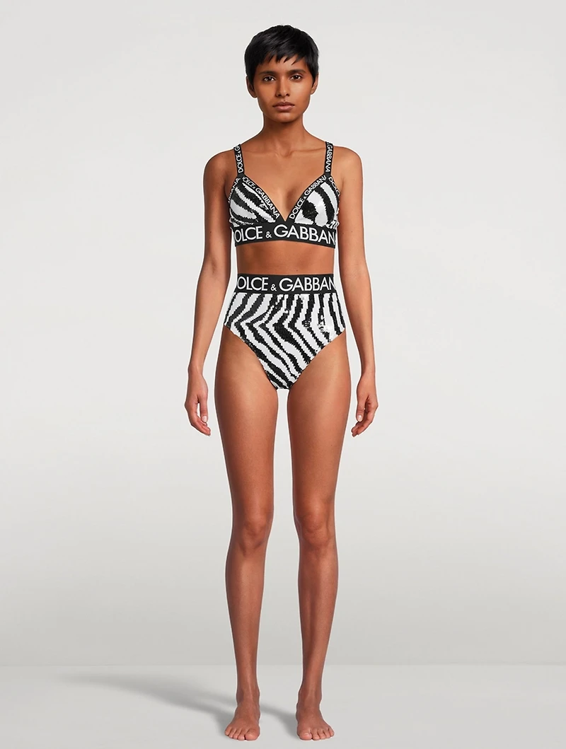 Logo-Band Sequin Sports Bra Zebra Print