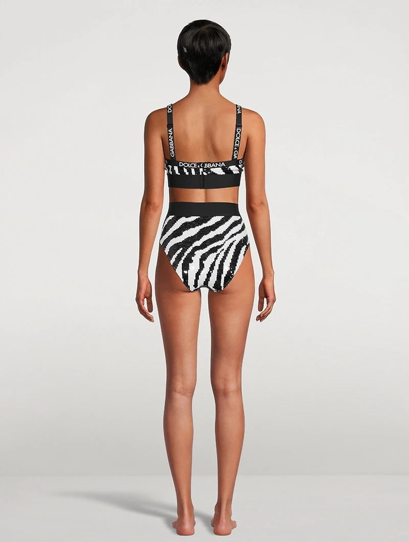 Logo-Band Sequin Sports Bra Zebra Print
