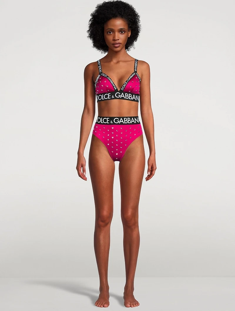 Crystal-Embellished Logo-Band Spandex Brief