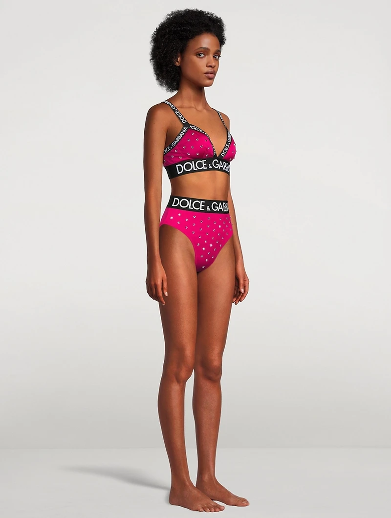 Crystal-Embellished Logo-Band Spandex Brief