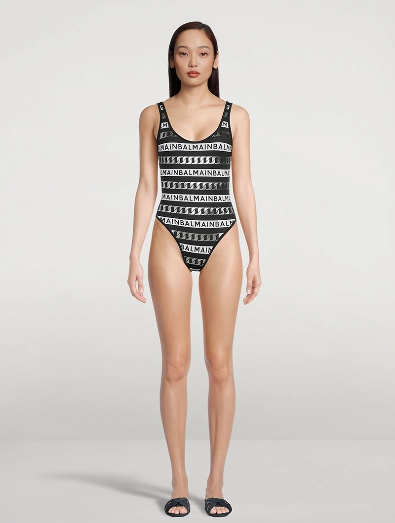 One-Piece Swimsuit Stripes And Chain Print