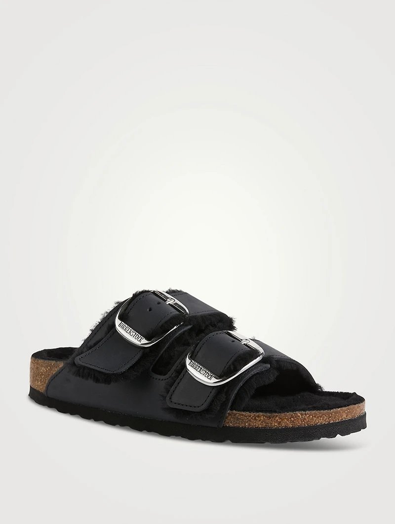 Arizona Big Buckle Shearling-Lined Leather Slide Sandals