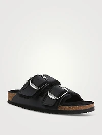 Arizona Big Buckle Shearling-Lined Leather Slide Sandals