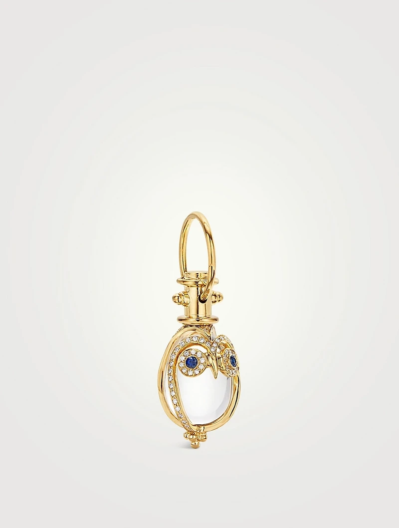 18K Gold Owl Rock Crystal Amulet Pendant With Blue Sapphire And Diamonds