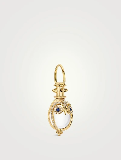 18K Gold Owl Rock Crystal Amulet Pendant With Blue Sapphire And Diamonds