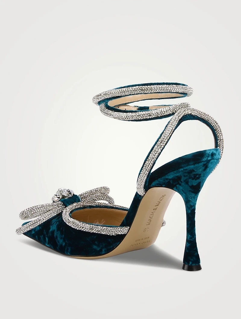 Double Bow Crystal-Embellished Velvet Pumps