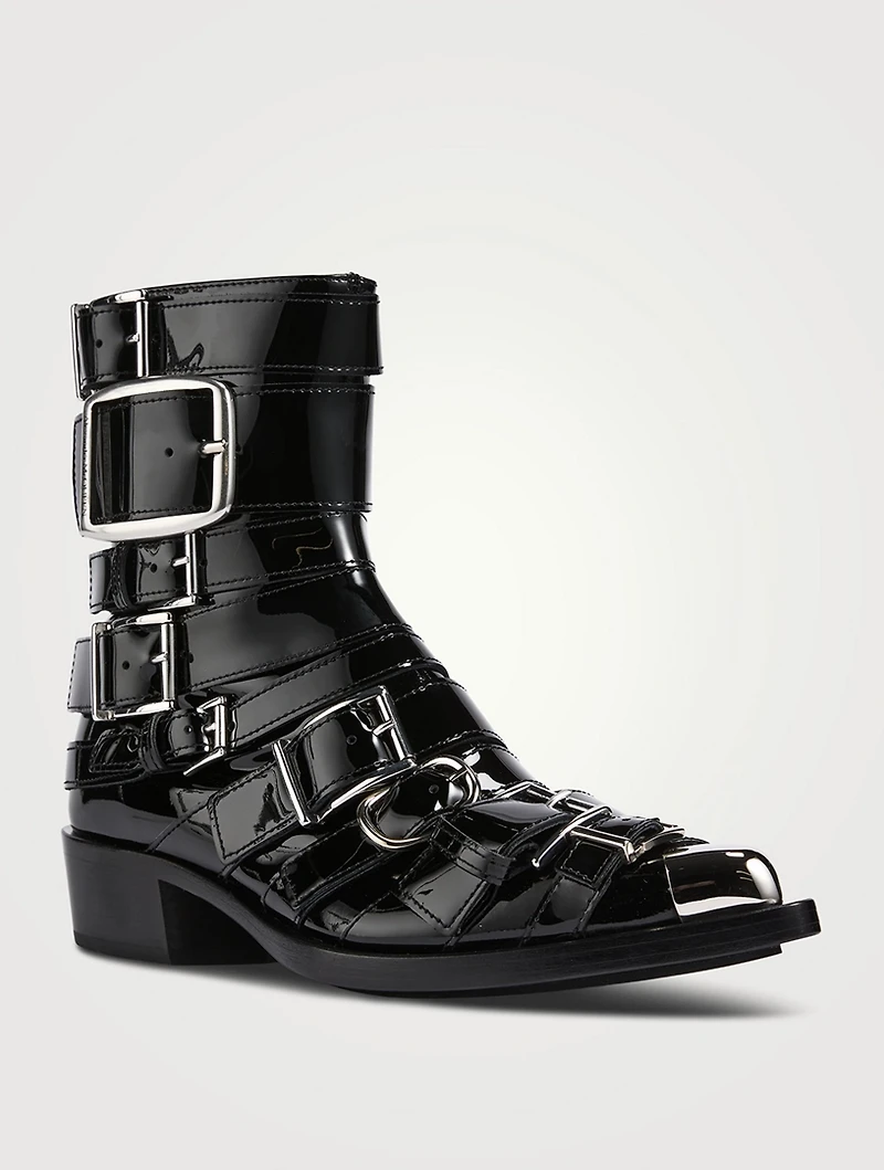 Punk Patent Buckle Ankle Boots