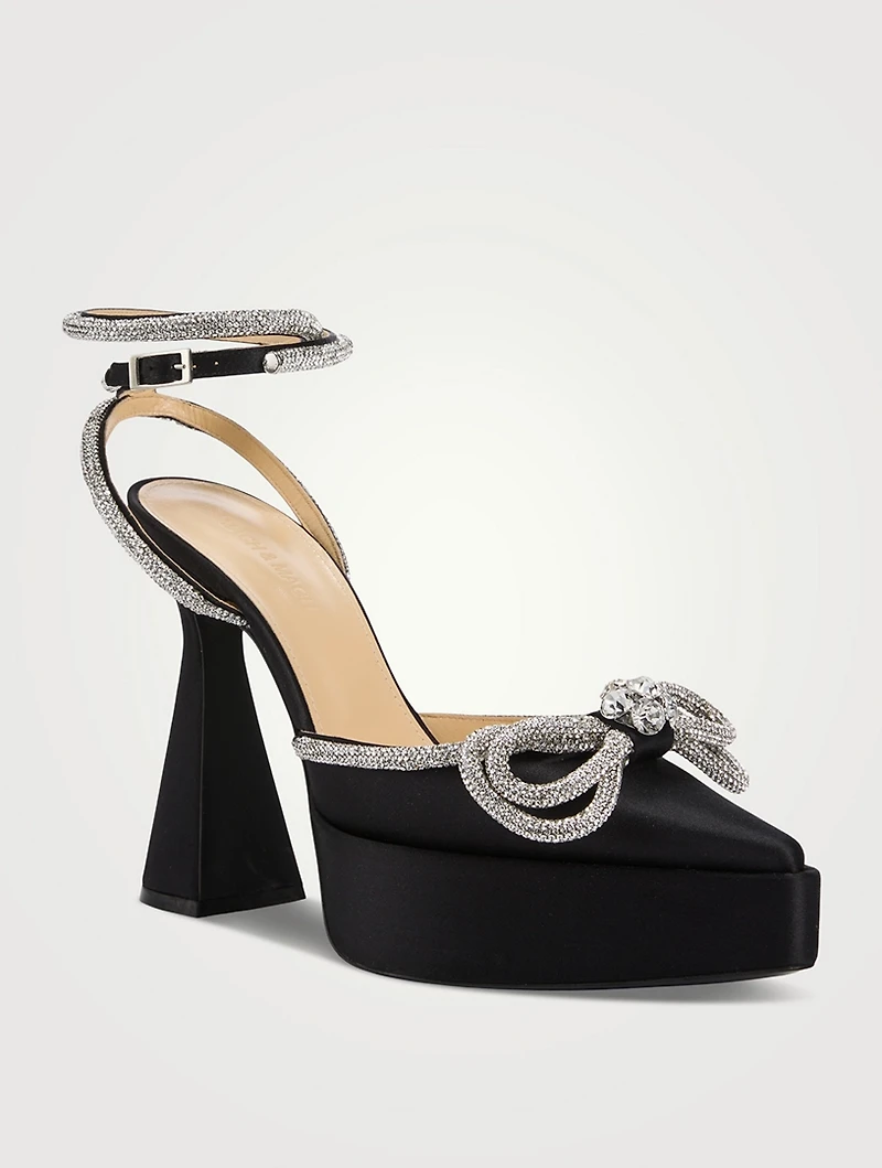 Double Bow Crystal-Embellished Satin Platform Pumps
