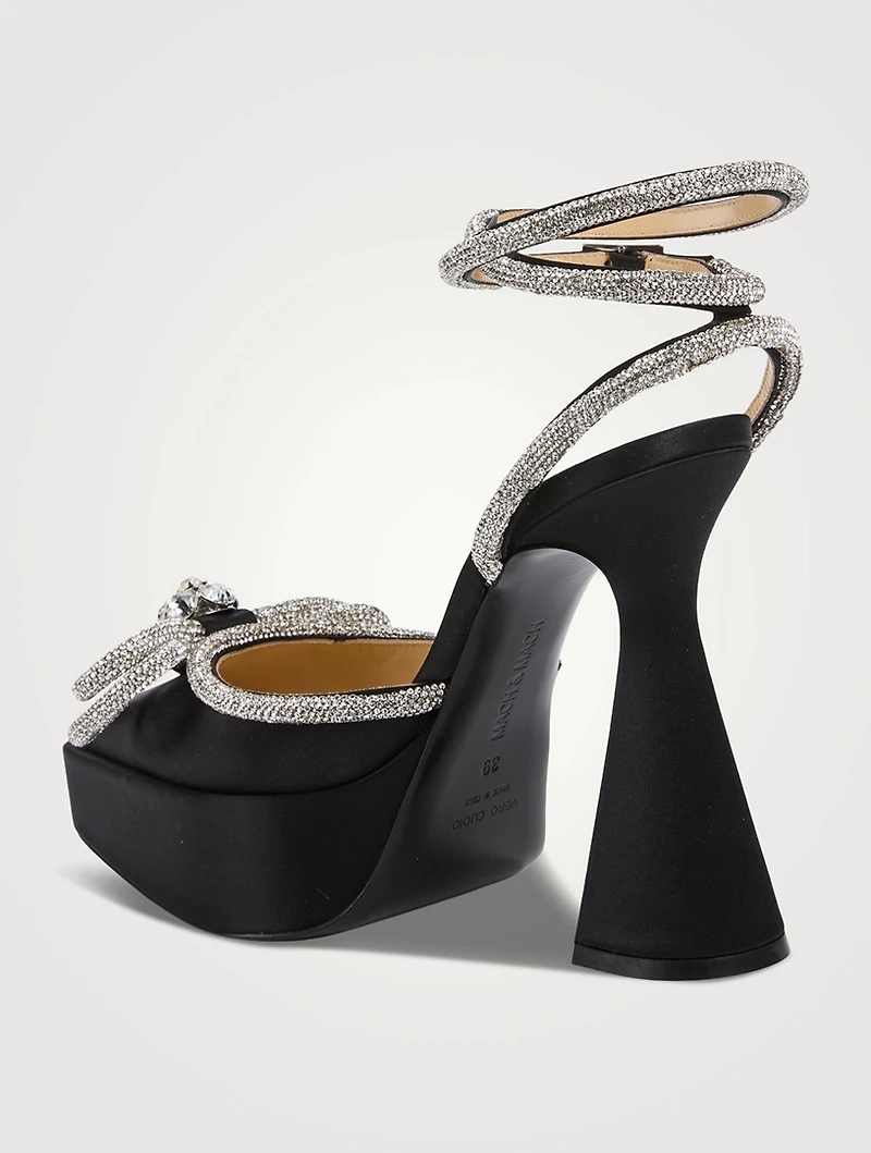 Double Bow Crystal-Embellished Satin Platform Pumps