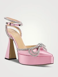 Double Bow Crystal-Embellished Satin Platform Pumps
