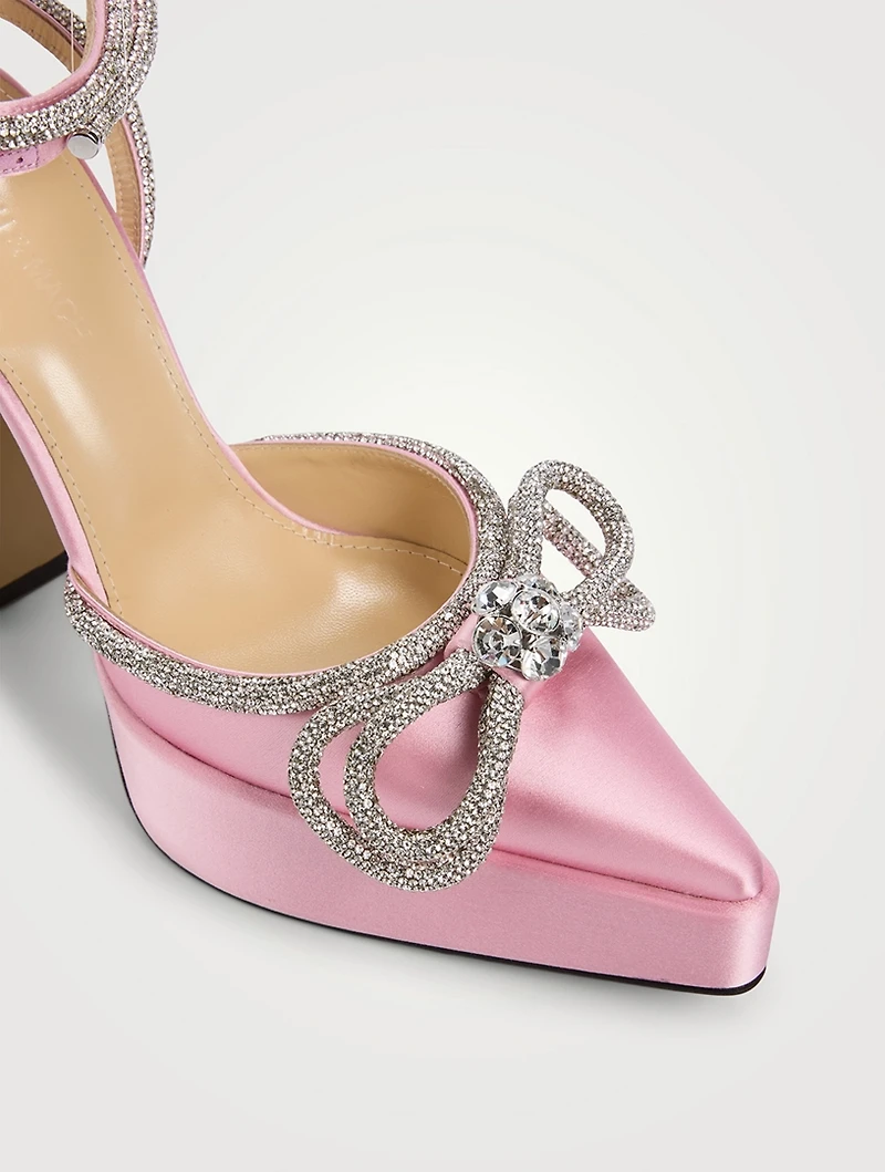 Double Bow Crystal-Embellished Satin Platform Pumps