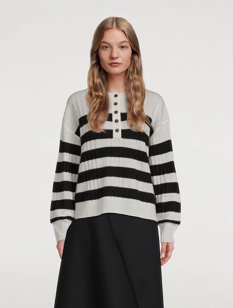 Lightweight Cashmere Striped Ribbed Henley Sweater
