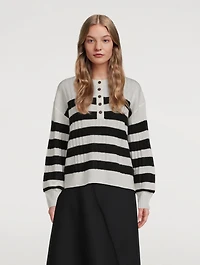 Lightweight Cashmere Striped Ribbed Henley Sweater