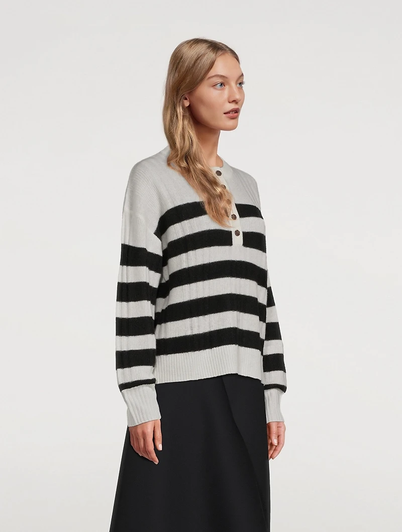 Lightweight Cashmere Striped Ribbed Henley Sweater