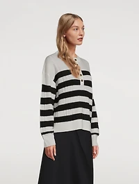 Lightweight Cashmere Striped Ribbed Henley Sweater