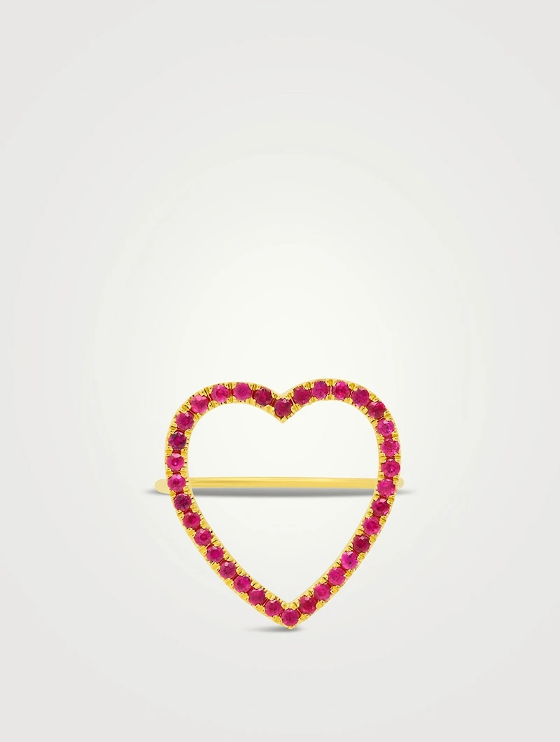 Large 18K Gold Large Open Heart Ring With Rubies