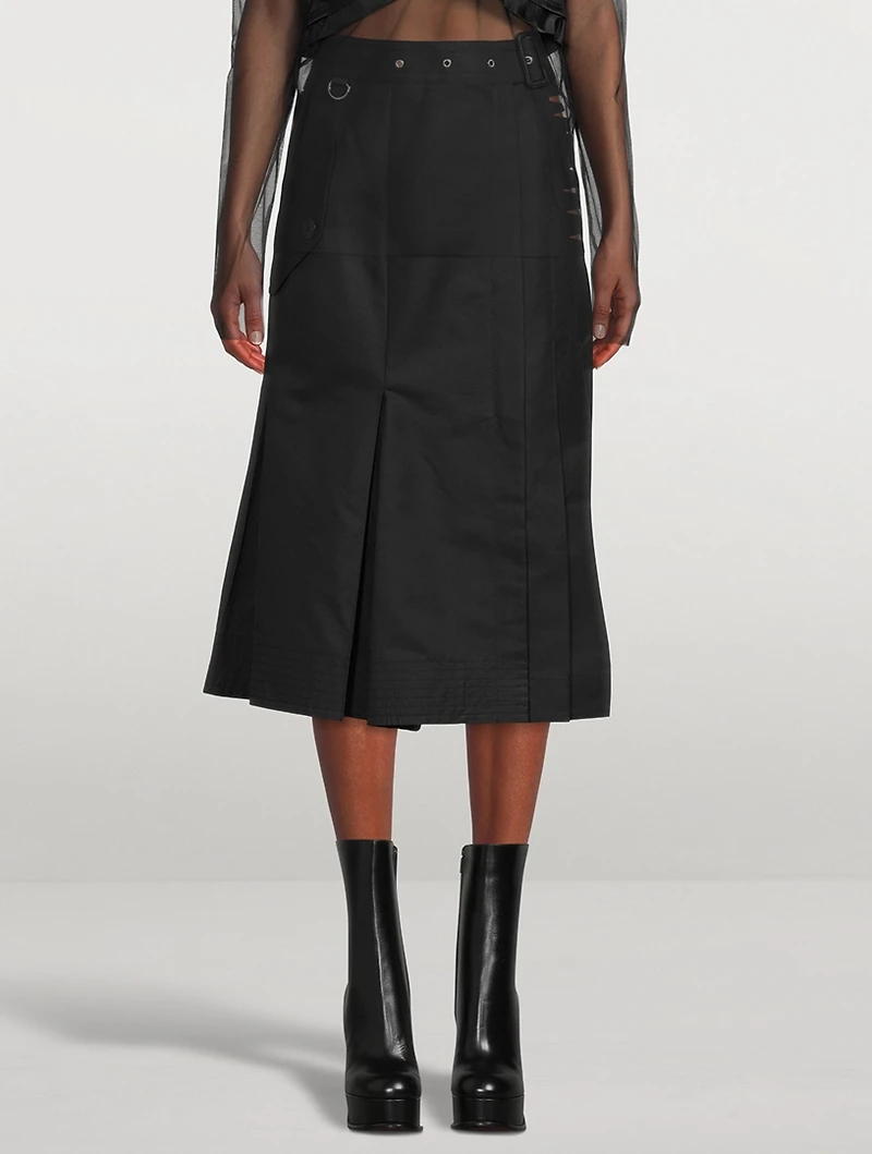 Cotton Gabardine Pleated Midi Skirt