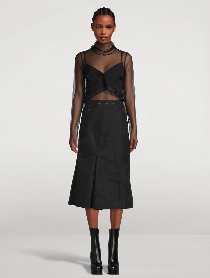 Cotton Gabardine Pleated Midi Skirt