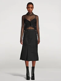 Cotton Gabardine Pleated Midi Skirt