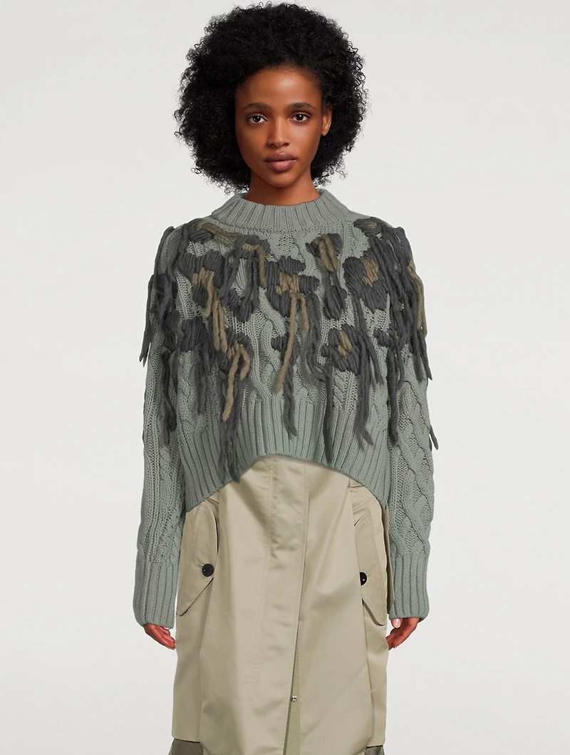 Wool Knit Fringe Pullover Leopard Print
