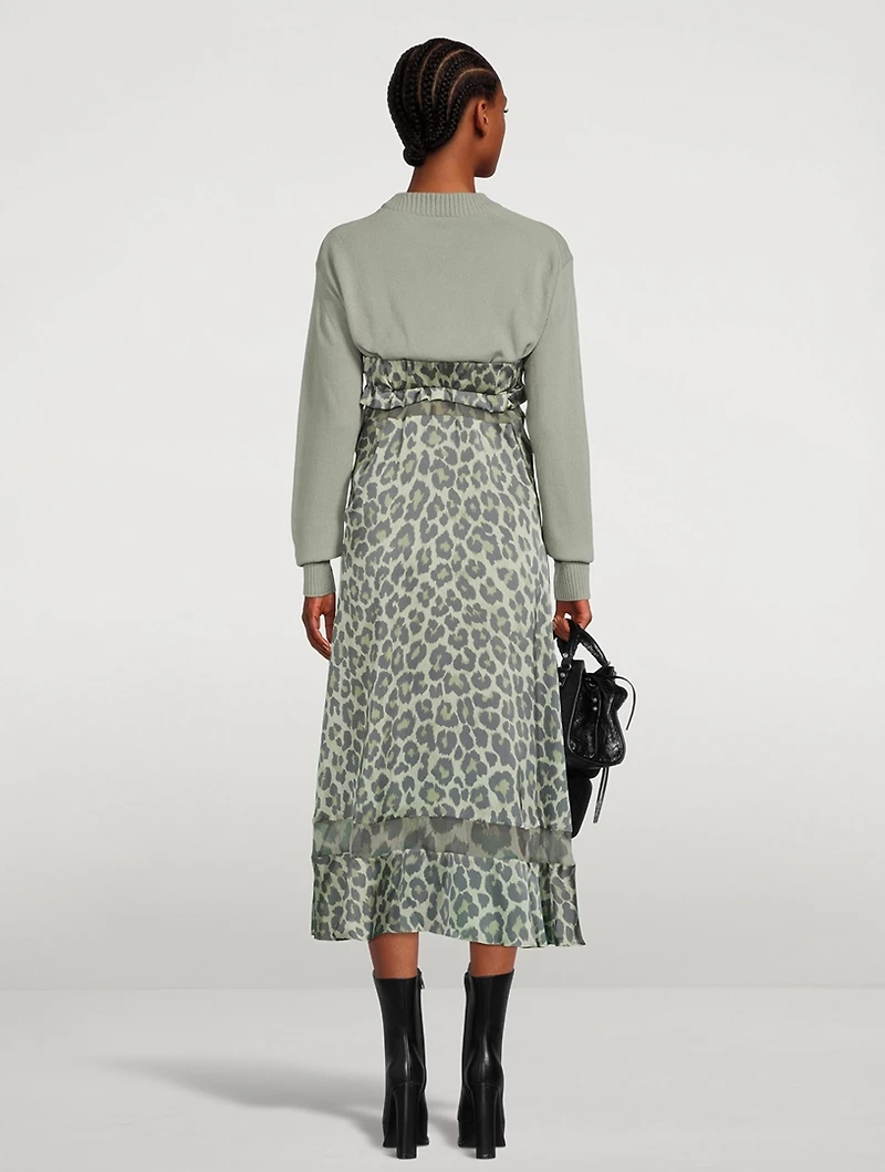 Wool Knit Midi Dress Leopard Print