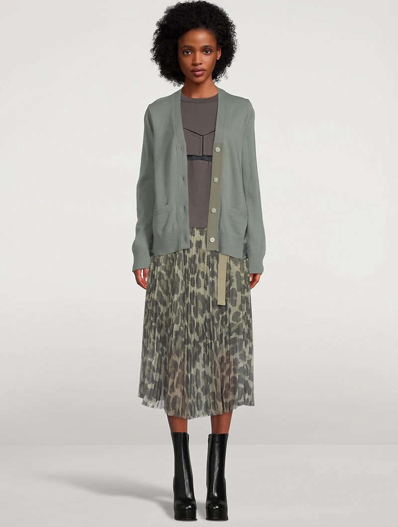 Wool Knit Cardigan With Leopard-Print Back Panel