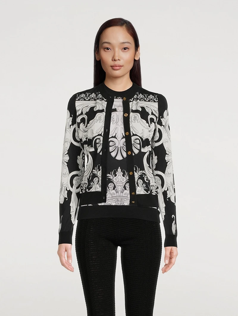 Silk Cardigan Silver Baroque Print