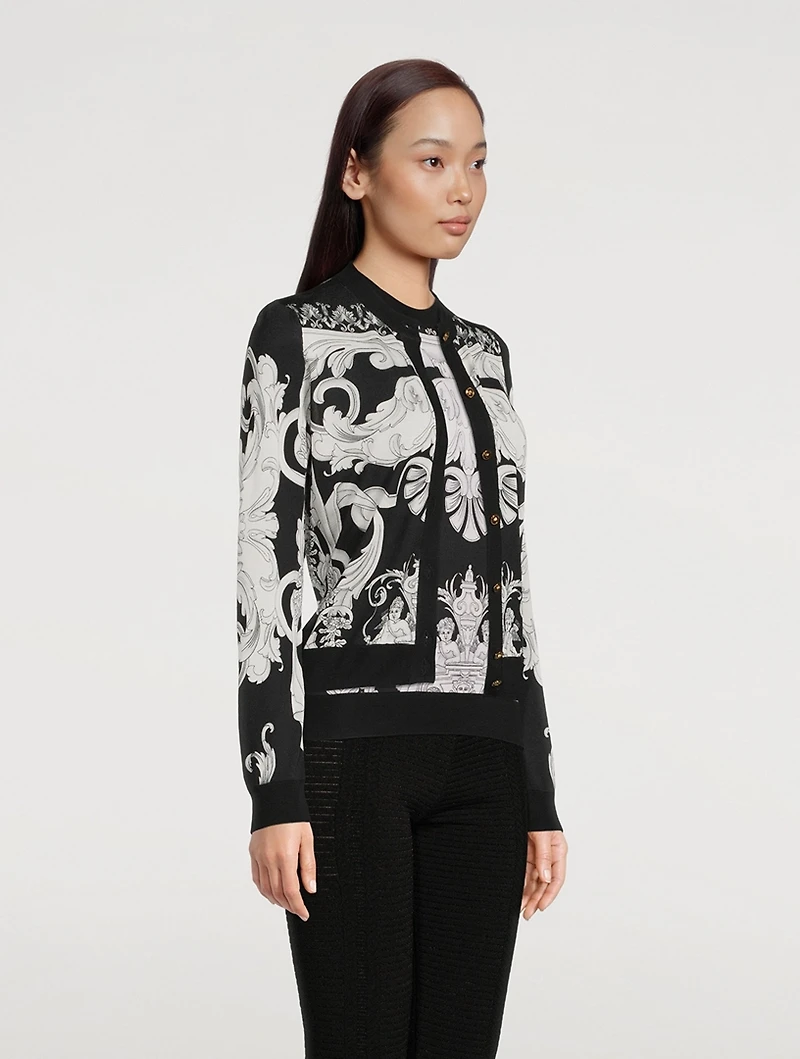 Silk Cardigan Silver Baroque Print