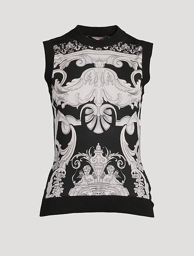 Silk Sweater Vest Silver Baroque Print