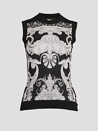Silk Sweater Vest Silver Baroque Print