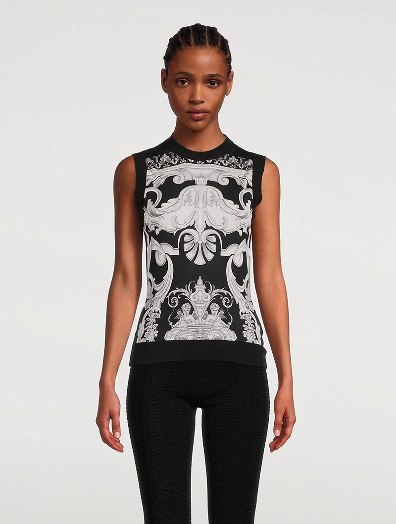 Silk Sweater Vest Silver Baroque Print