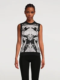 Silk Sweater Vest Silver Baroque Print
