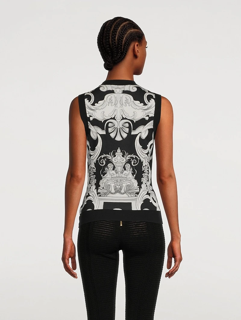 Silk Sweater Vest Silver Baroque Print