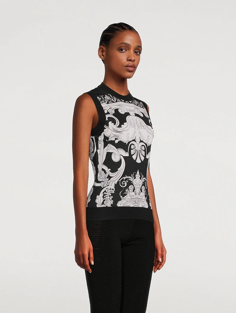 Silk Sweater Vest Silver Baroque Print