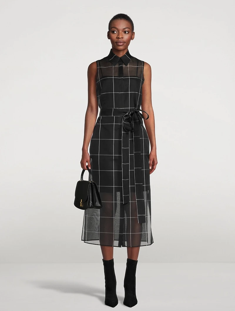 Silk Crêpe Shirt Dress Windowpane Print