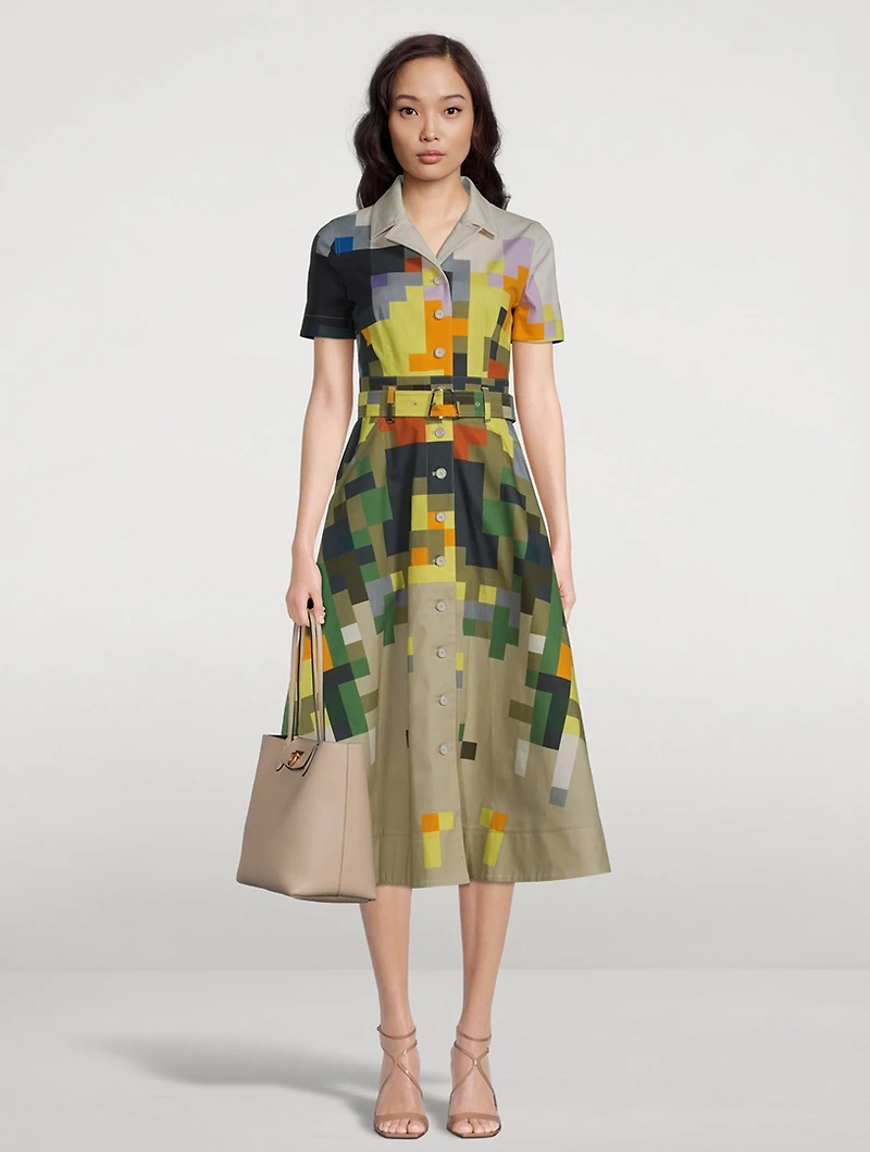 Stretch-Denim Belted Shirt Dress Flowers At Home Print
