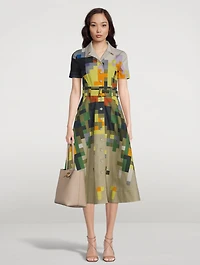 Stretch-Denim Belted Shirt Dress Flowers At Home Print