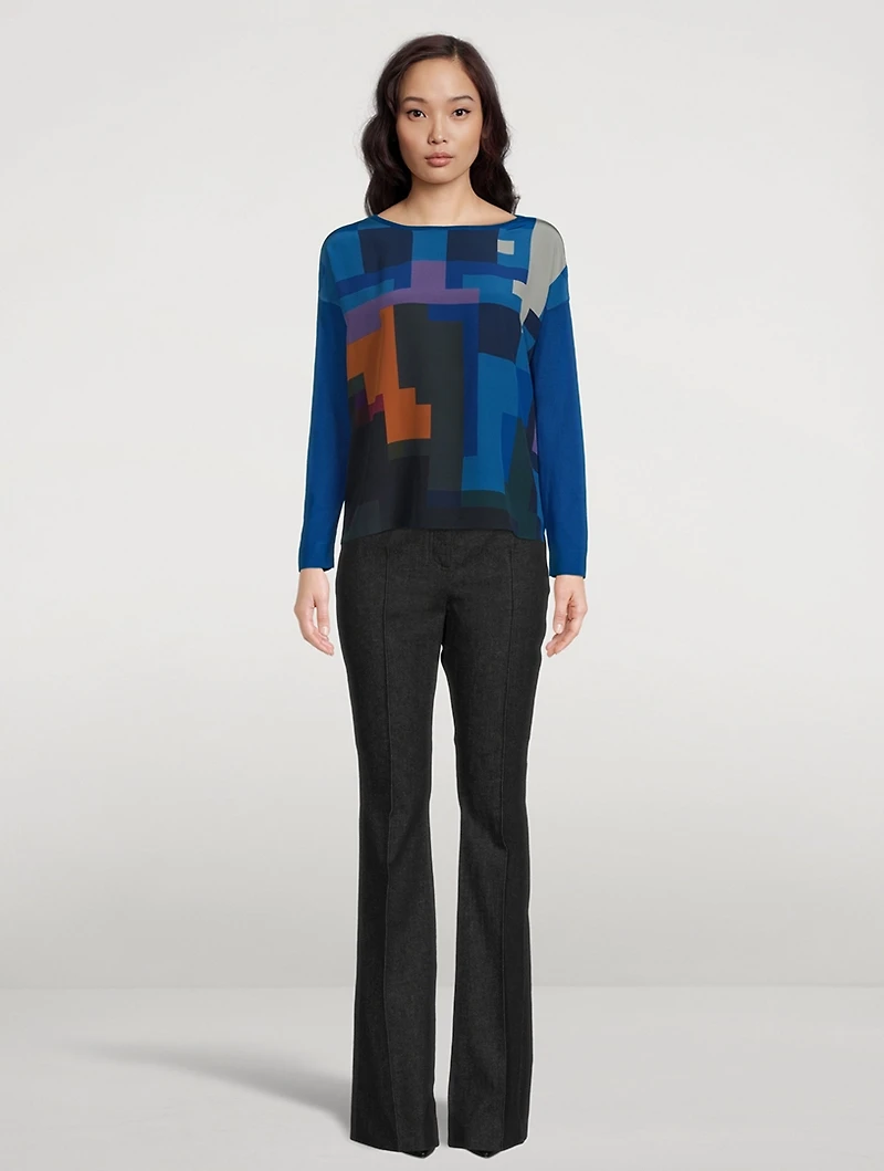 Silk Sweater Blue Flowers At Home Print